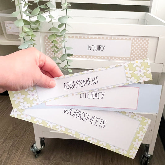 Hand holding printable labels in front of a white teacher trolley with labeled shelves.