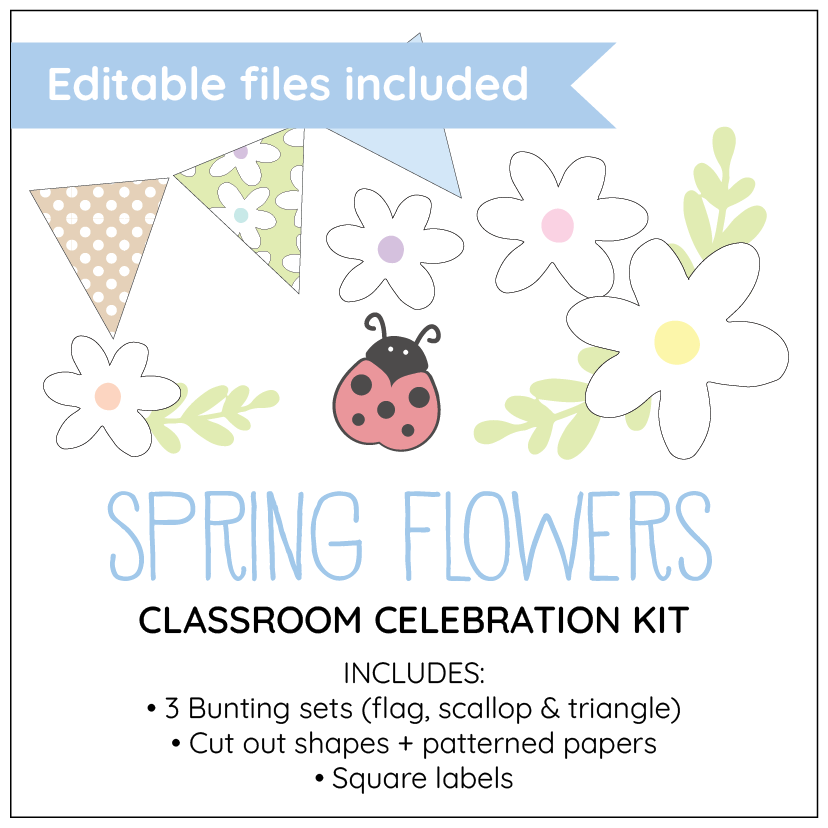 Spring-themed classroom celebration kit with flowers, bunting, and ladybug on a white background.