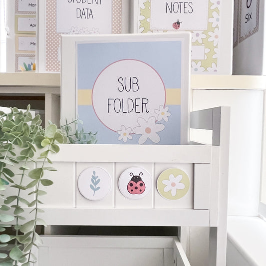 White teacher trolley with decorative frames and labels on a light background