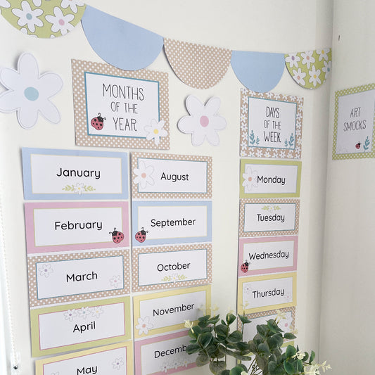 Pastel coloured educational wall chart with months of the year and days of the week labels.