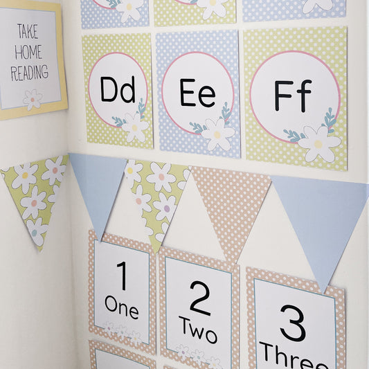 Educational alphabet and number flashcards on a white wall. There is a triangle bunting running between them.