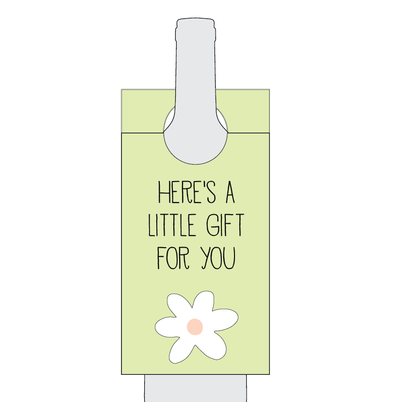 Gift tag with text 'Here's a little gift for you' and a daisy on a white background