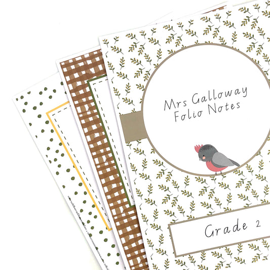 Australian themed Binder covers on a white background. The covers have Australian Nature themed patterns