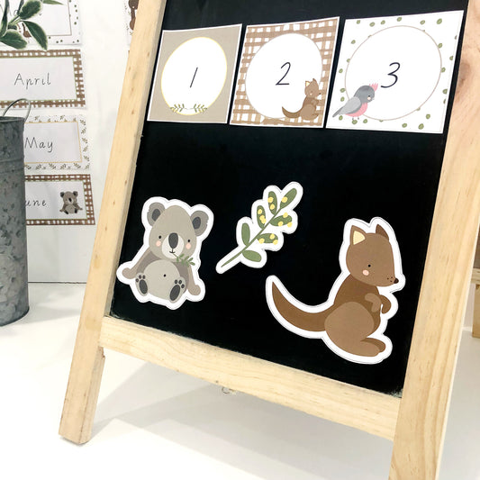 Australian Animal cut outs placed on a classroom display blackboard.
