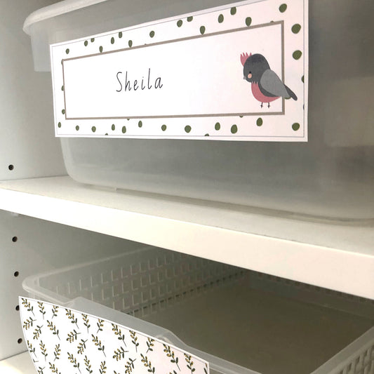 Australian Themed classroom tubs with various name labels on the front.