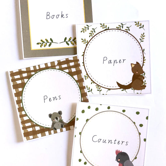 Cute Australian Animal Theme classroom labels on a white background. There are various titles on the labels.