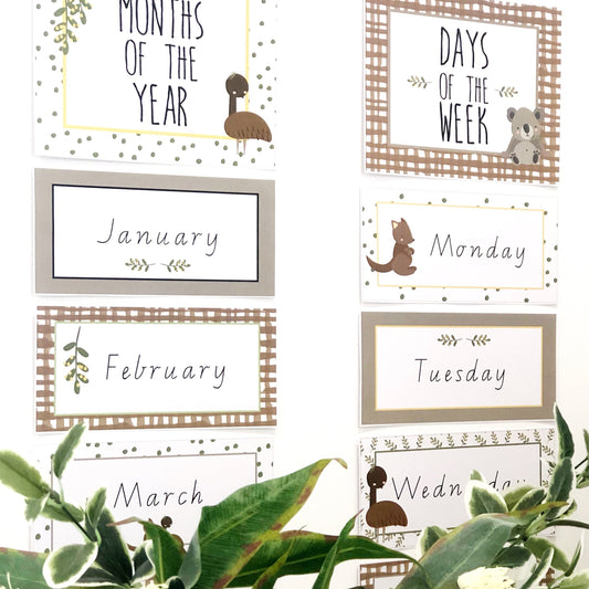 Australian themed classroom charts with Days of the Week and Months of the Year on White wall.