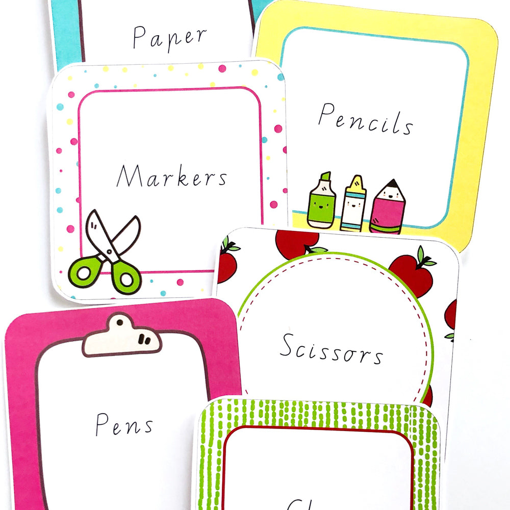 Brightly coloured classroom labels on white background
