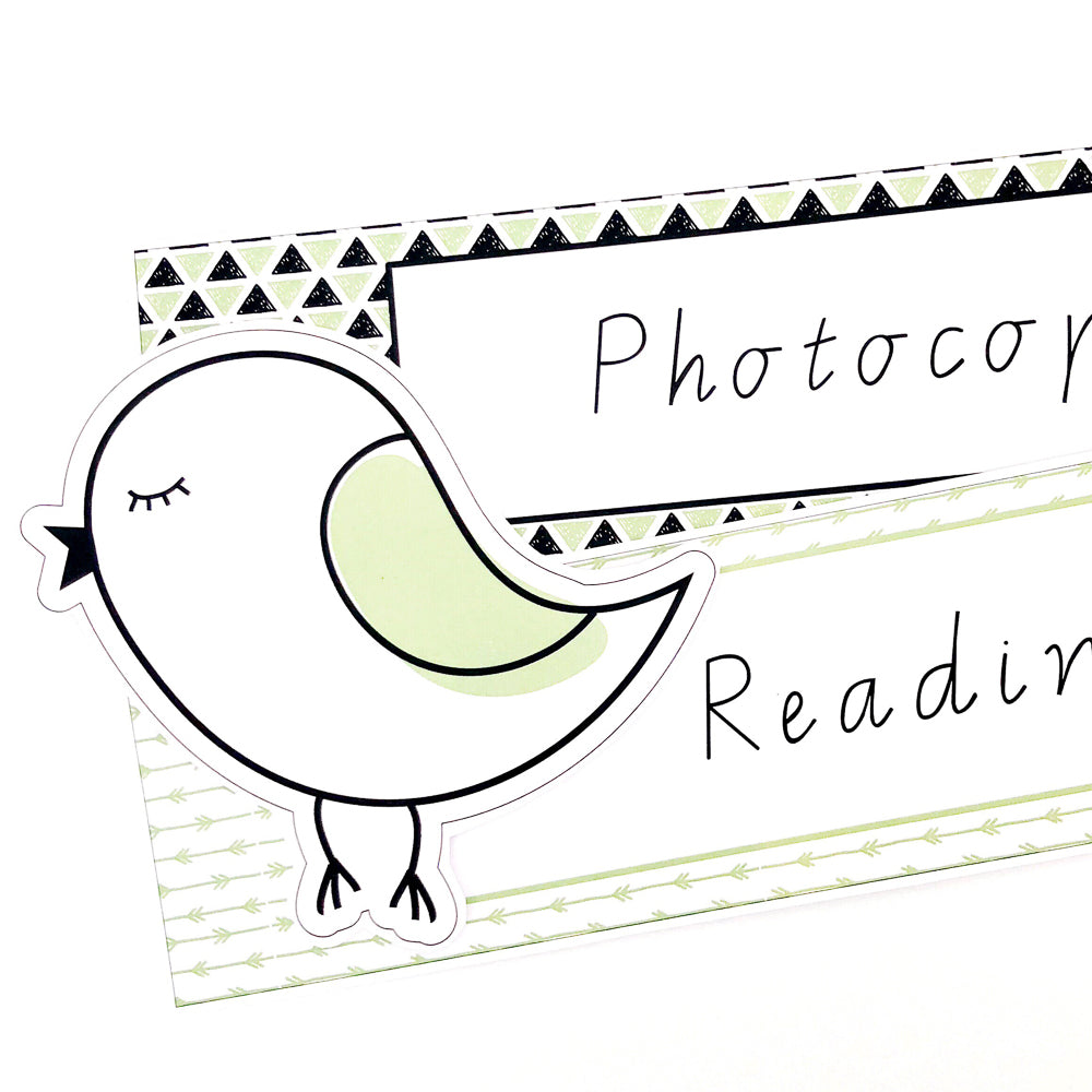 Cute bird on green and white binder labels on a white background