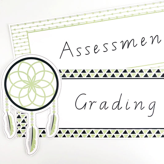Green and white customisable binder labels on white background with a dream catcher in front.