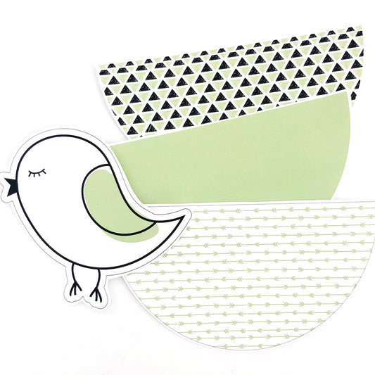 Scalloped Bunting Flags with geometric shapes in green and black. On a white background with a bird in front