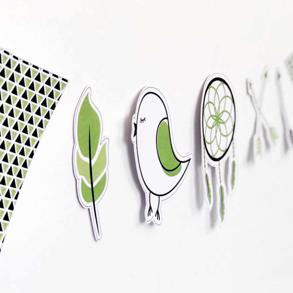 Green and White bunting flag on white wall