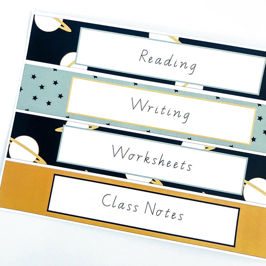 Space theme binder and book labels on white background