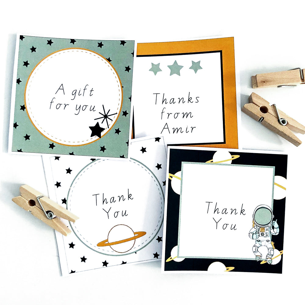 Space themed editable labels laid out on white background