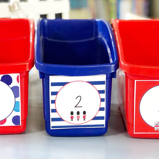Customisable square labels featuring London Guards on red and blue classroom caddies.