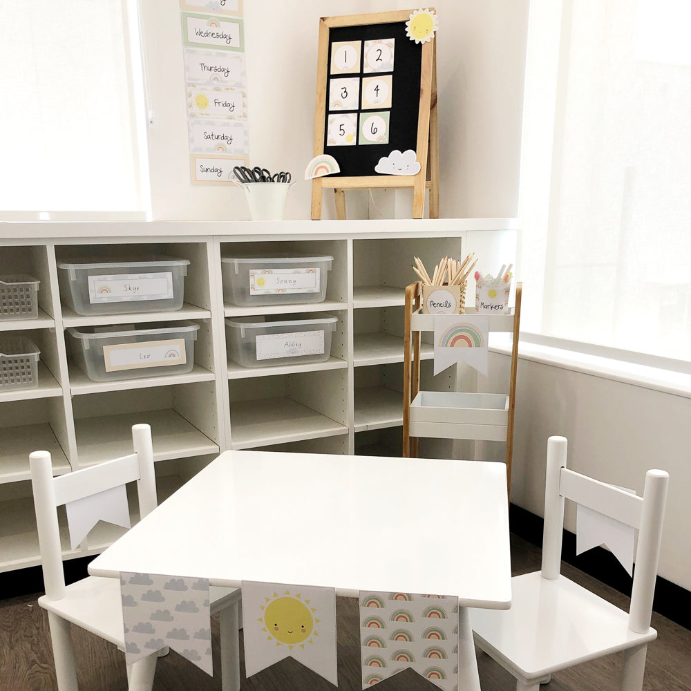 Classroom set up with rainbow themed printable decor.