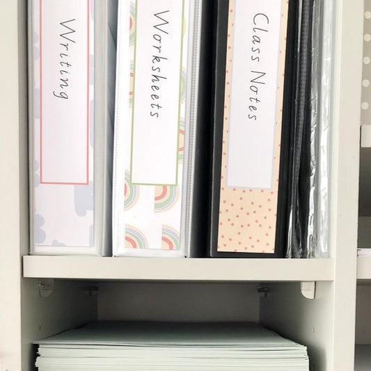 Binders in a bookshelf with rainbow themed labels on them.
