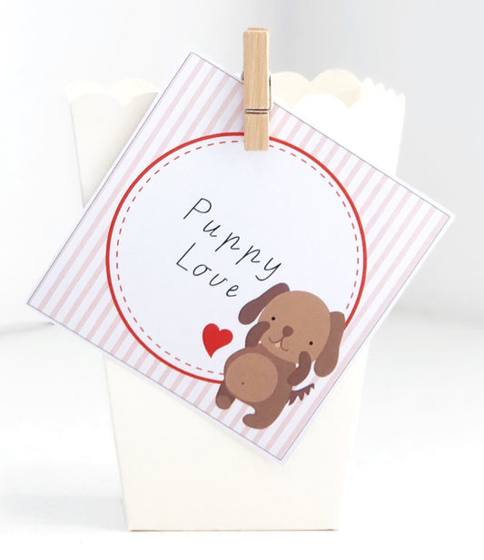 Cute valentines printable gift tag with puppy and love heart on white party bag