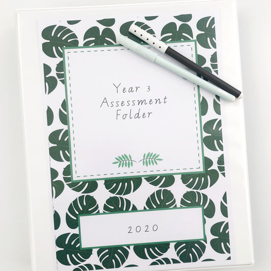 School Binder with an editable cover with green jungle leaf pattern.