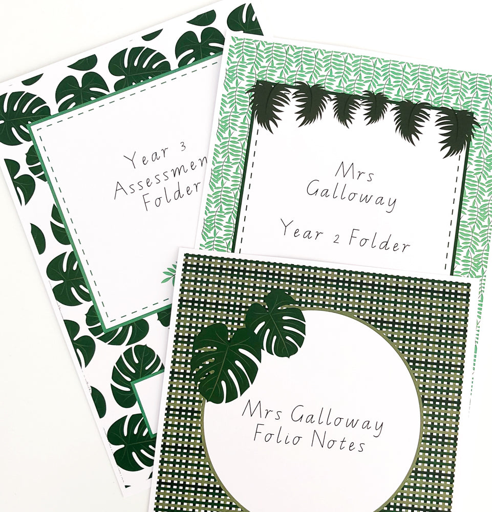 Editable binder book covers featuring jungle leaves and green borders displayed on a white background.