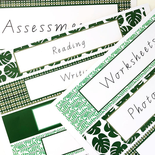 Various green patterns on editable binder labels for a classroom.