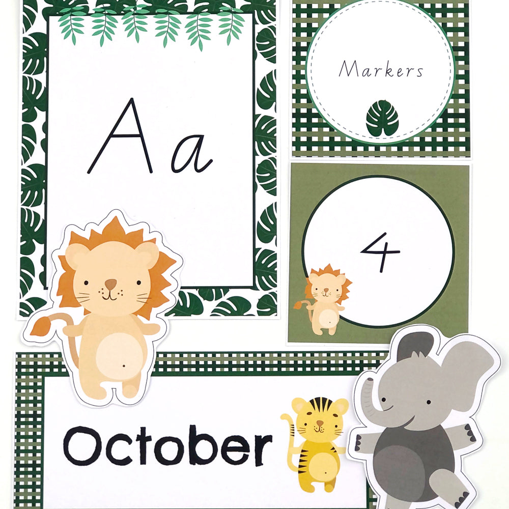 Educational cards featuring safari animals lion, tiger and elephant, with jungle leaves displayed in a flat layout.