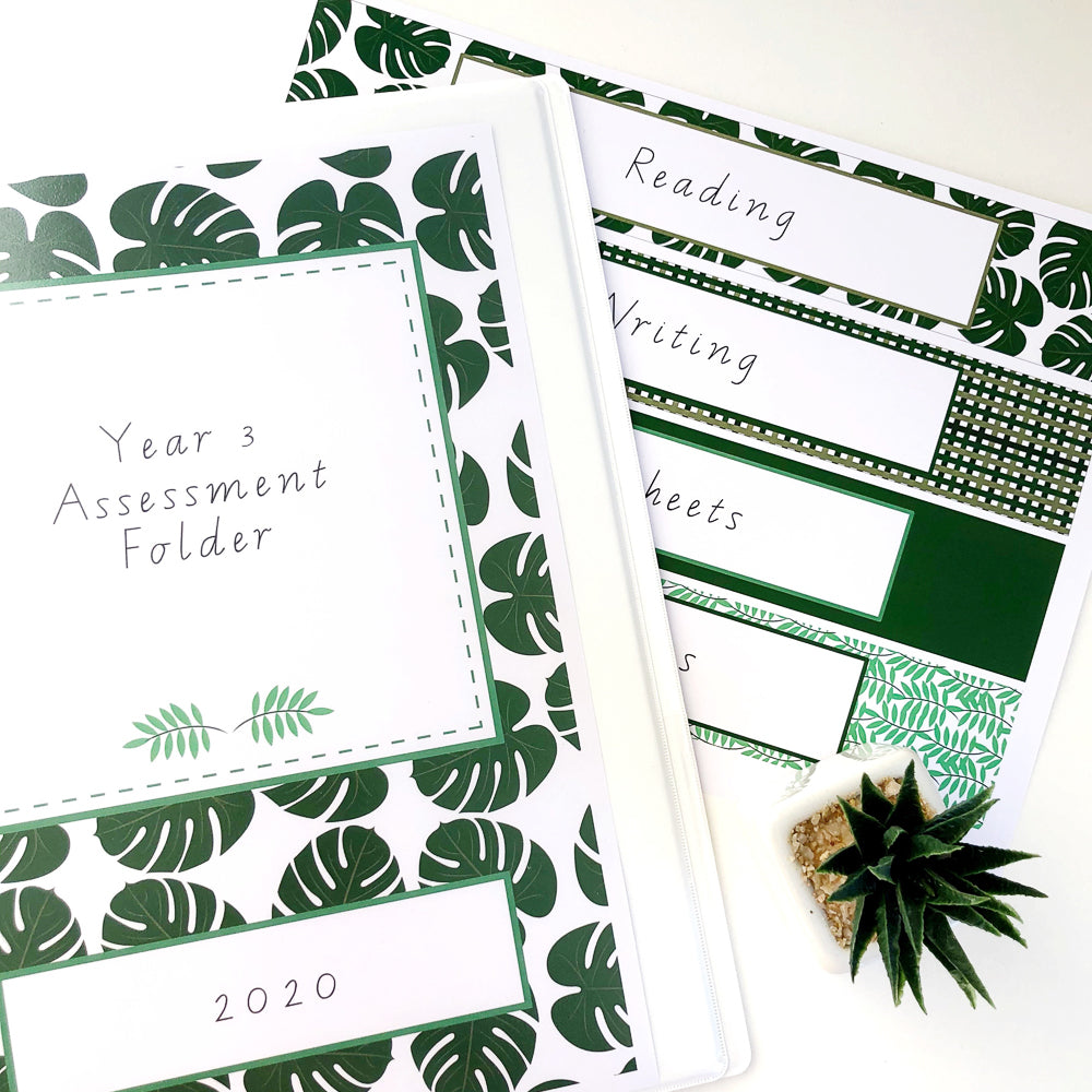 Printable stationery with a green and white foliage design, including binder labels and note paper.