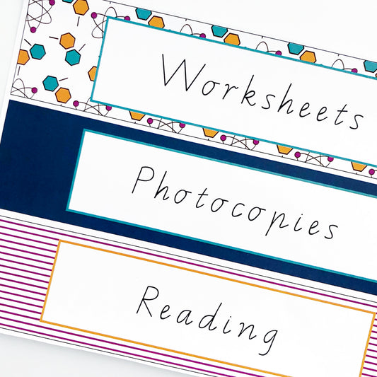 Customisable binder labels for teachers with placeholder text.