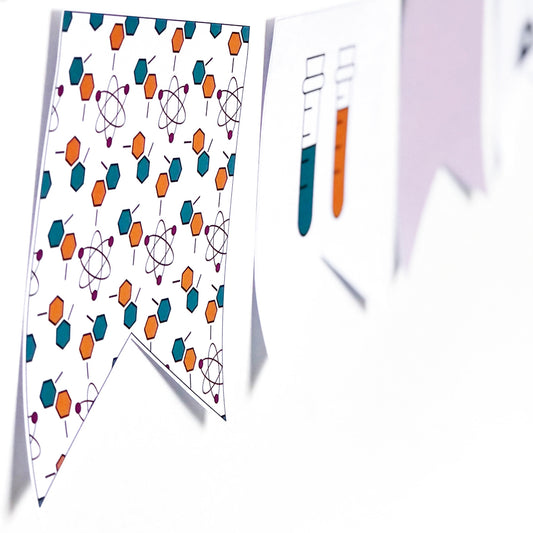 Bunting flag in white wall decorated with science icons and test tunes