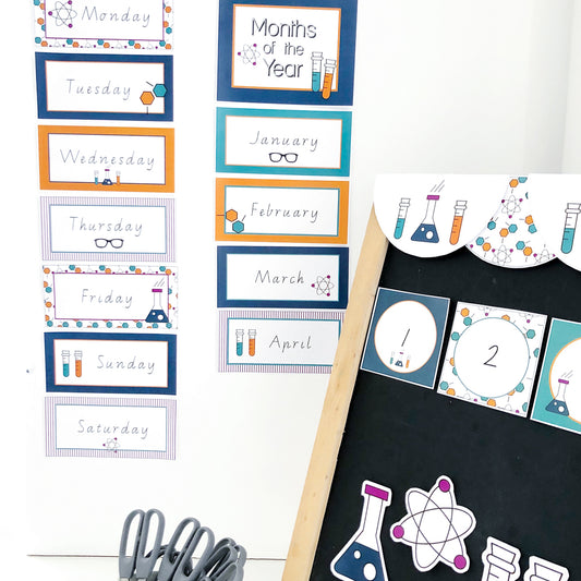 A collection of science-themed classroom decor printables, including a calendar, name plates, and bunting packs with various science icons.