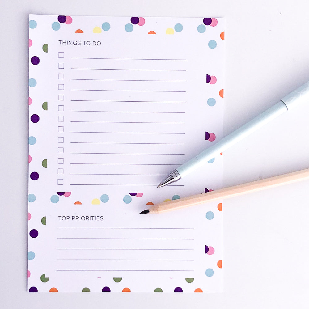 Printable to do list with confetti spots in bright colours on white background