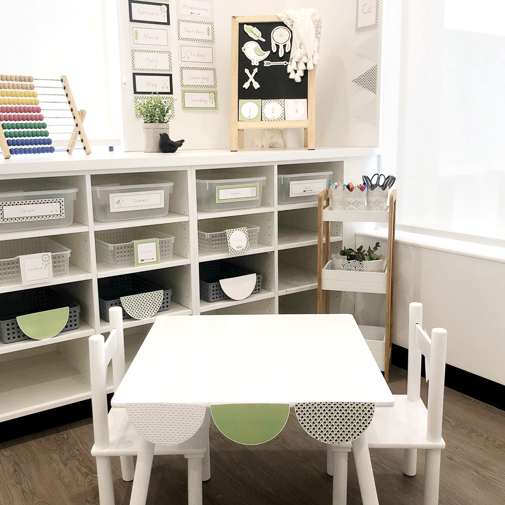 Classroom displaying Beautiful green boho themed decorations by The Printable Place