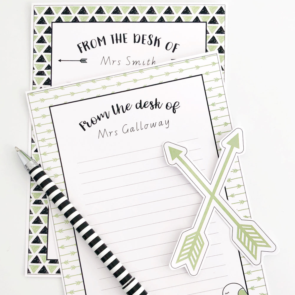 printable note paper that is customised. It is designed in fresh green and black and is pictured with a pen
