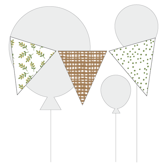 Decorative triangle Bunting cutout in ftont of balloons with various patterns on a white background