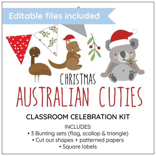 Christmas-themed classroom celebration kit with Australian animals and editable files included.