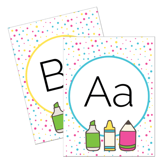 Two educational posters with letters 'B' and 'A' on polka dot backgrounds with colorful markers.