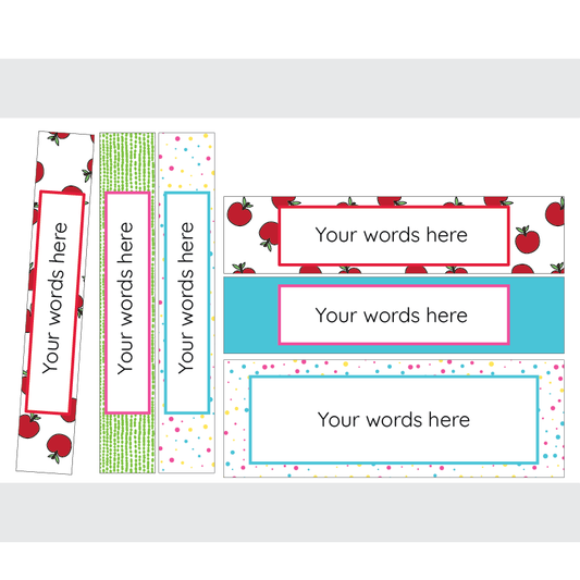 Set of customisable name labels with various bright designs on a white background