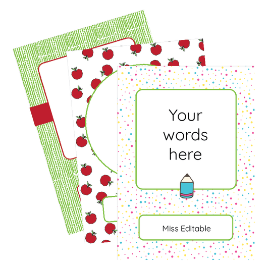 Educational designs for book covers with red apples and customisable text area on a white background