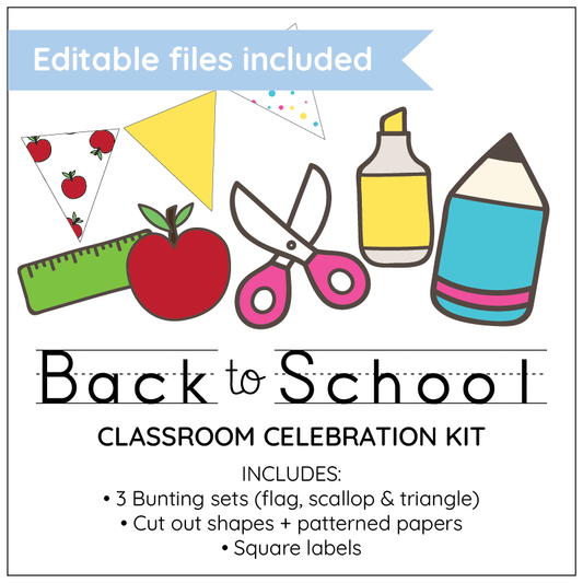 Back to School Classroom Celebration Kit with bright coloured educational items on a white background