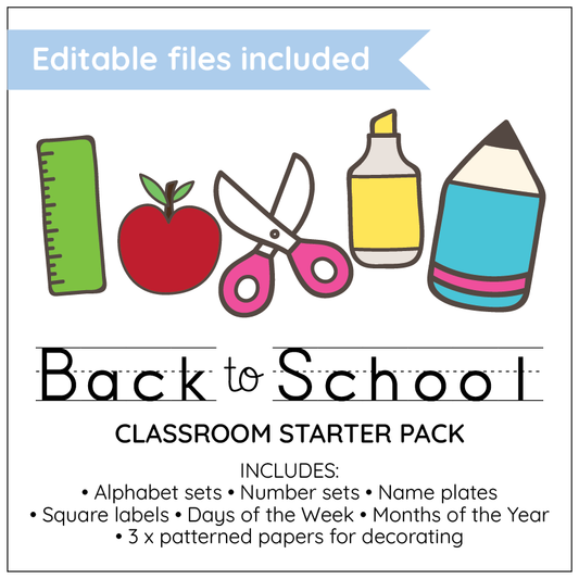 Back to school classroom starter pack with brightly coloured educational items on a white background