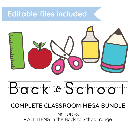 Back to School Mega Bundle promotional graphic with brightly coloured educational icons on a white background.