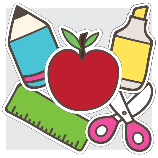 Colorful illustration of school supplies including a pencil, apple, marker, ruler, and scissors on a white background.