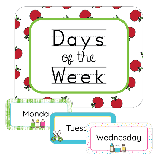 Educational posters for days of the week with apple pattern and bright colours on white background