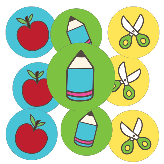 Colourful icons of apples, pencils, and scissors on a white background