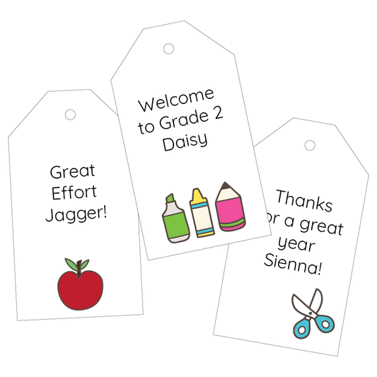 Three personalised gift tags with educational-themed designs and text on a white background.