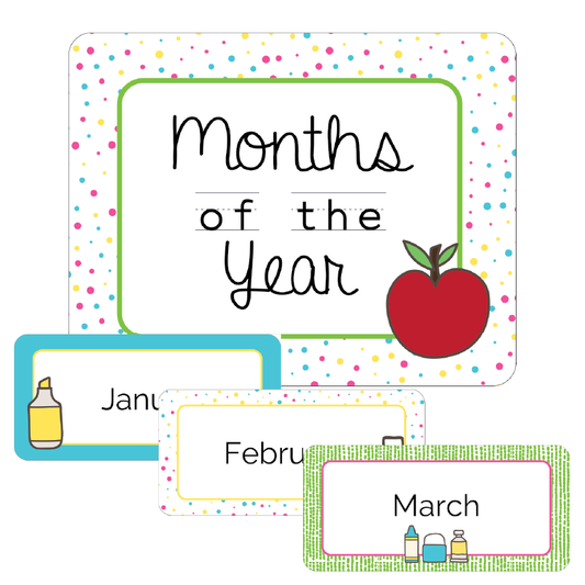 Educational card set with months of the year labels and an apple illustration on a white background.