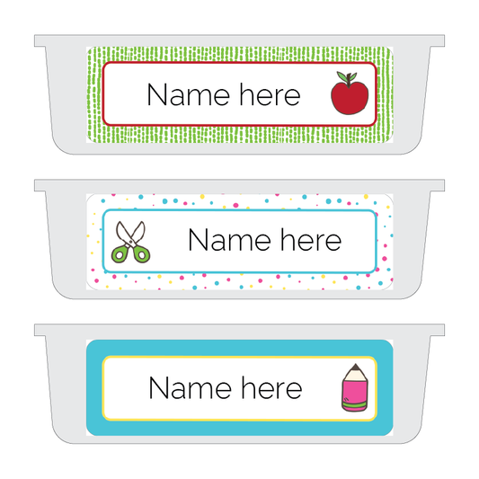 Three name label templates with different bright school supply designs on a white background