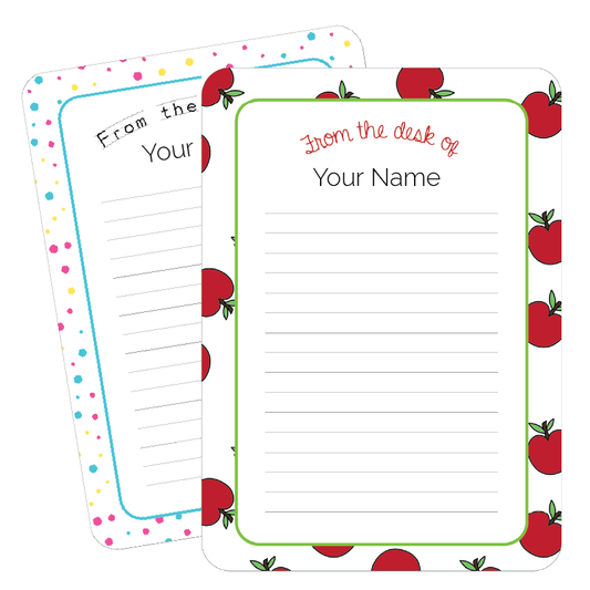 Two customisable note papers with apple designs and text on a white background