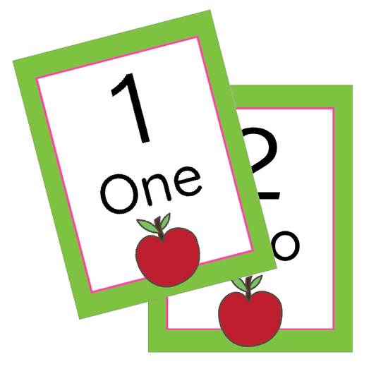 Two educational cards with numbers and apples on a white background