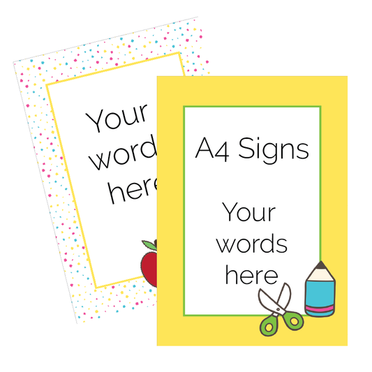 Two A4 sign templates with customisable text areas, one with a polka dot border and the other with educational icons.
